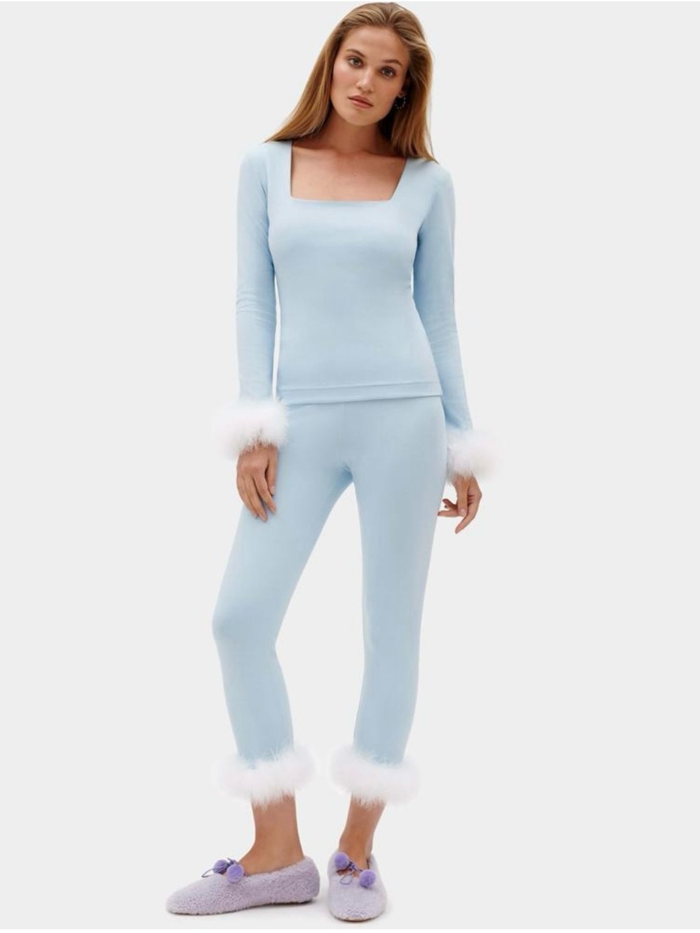 Sleeper Powder Blue Feather-Trim Legging Set